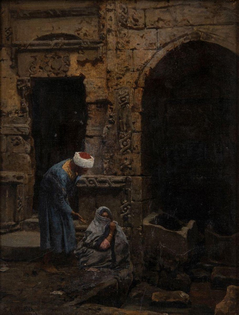 A man and woman by a doorway by Leopold Muller