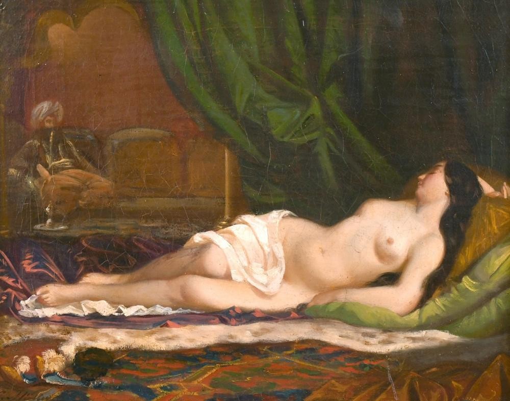 Study of a naked recumbent female draped in a diaphanous cloth by Leopold Muller