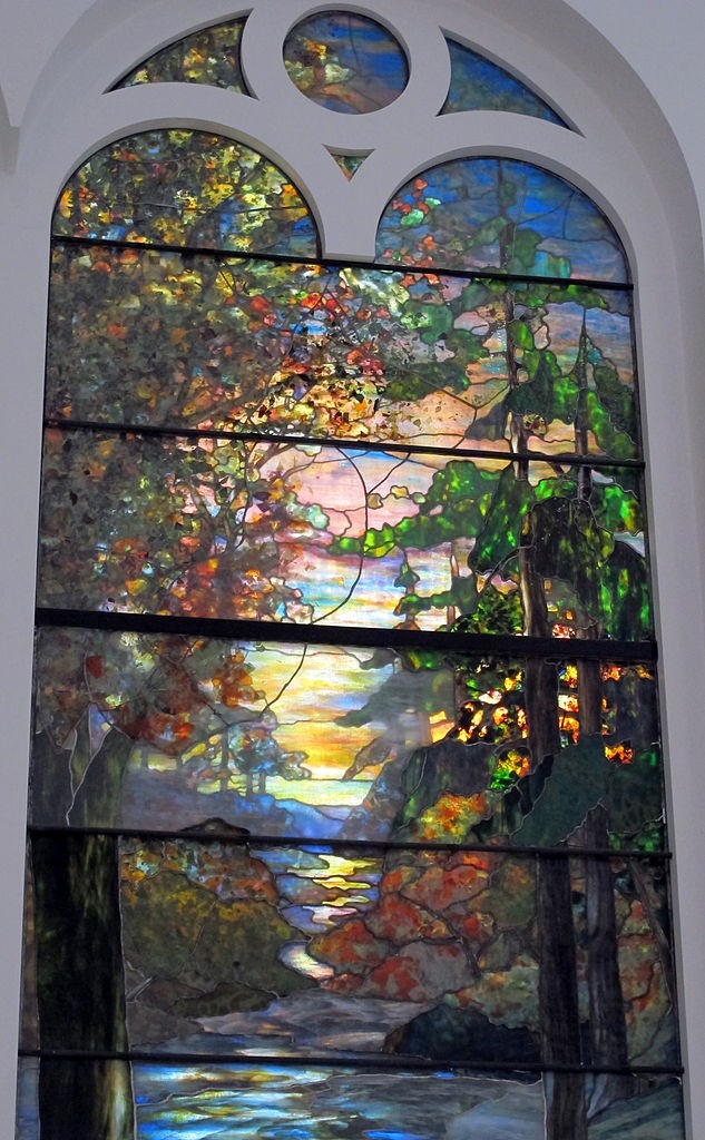 Window with autumn sunset in the forest by Louis Comfort Tiffany