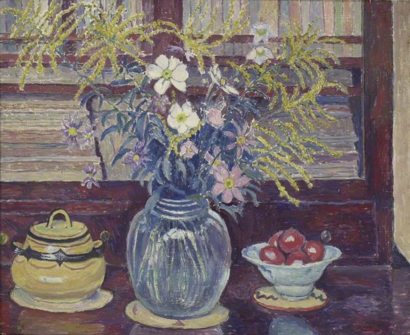 Bookcase and Flowers by Lucien Pissarro