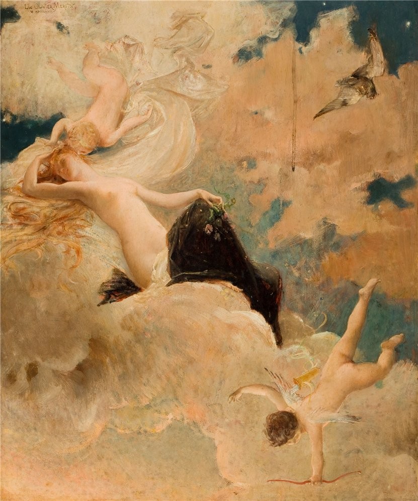 An ethereal beauty with putti in the clouds by Luc-Olivier Merson