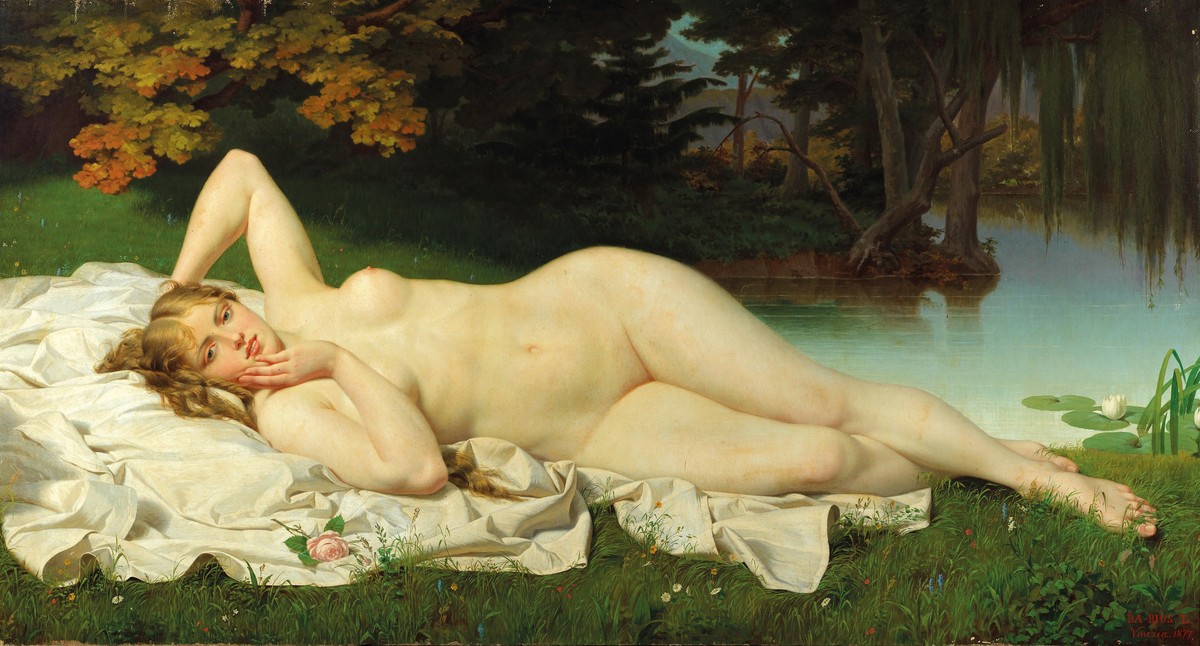Female nude in a wide landscape by Luigi Da Rios