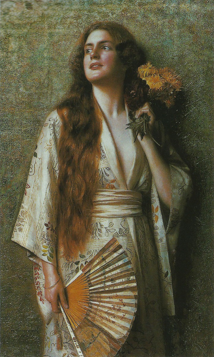 Frau im Kimono mit Fächer und Blumen by Max Nonnenbruch