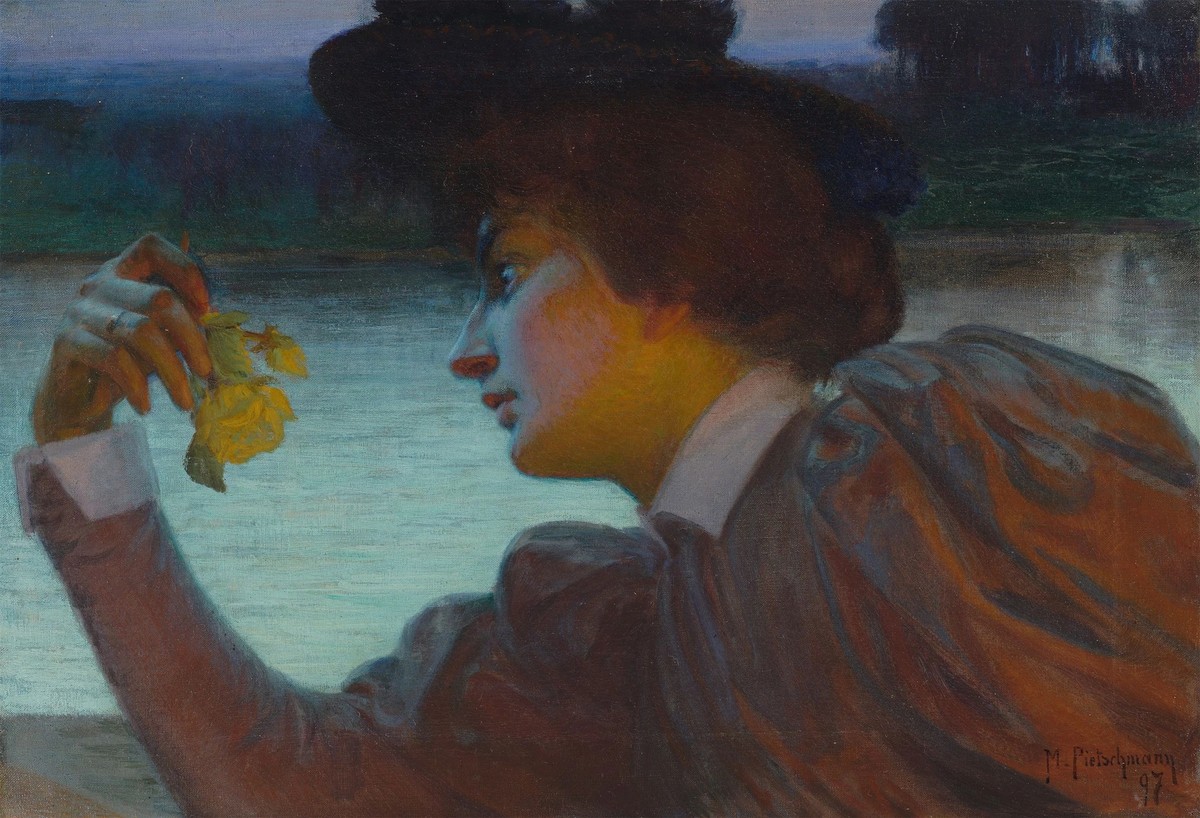Woman in profile facing left with a flower in her hand by Max Pietschmann