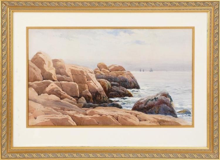 Sun-splashed rocks and shimmering water with ships on the horizon by Melbourne Havelock Hardwick