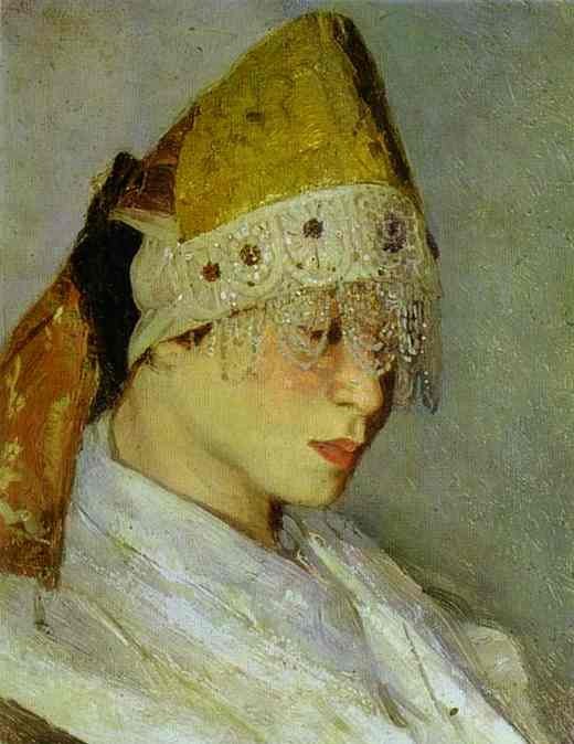 A Girl with Kokoshnik (Woman's Headdress in Old Russia) by Mikhail Nesterov