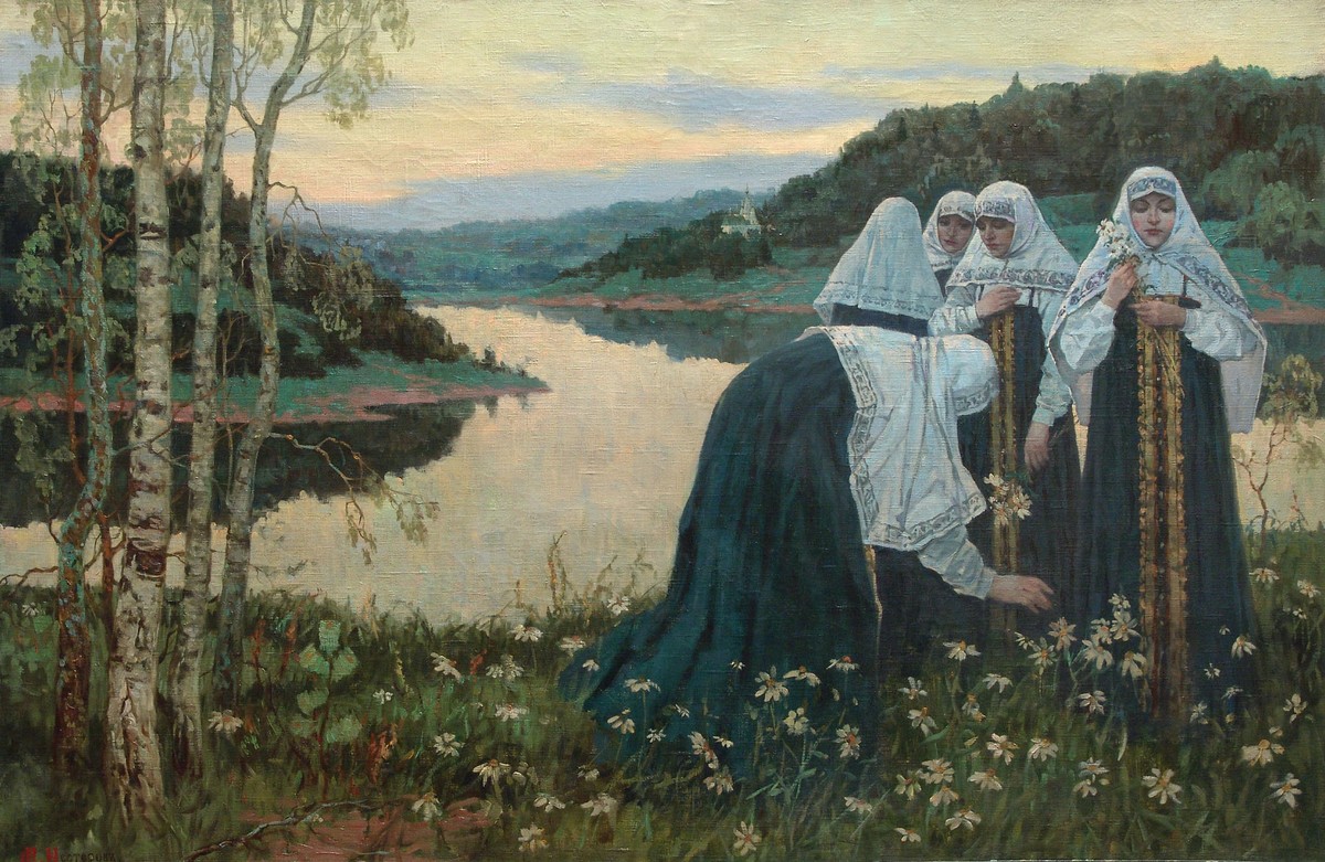 Girls on the bank of the river by Mikhail Nesterov