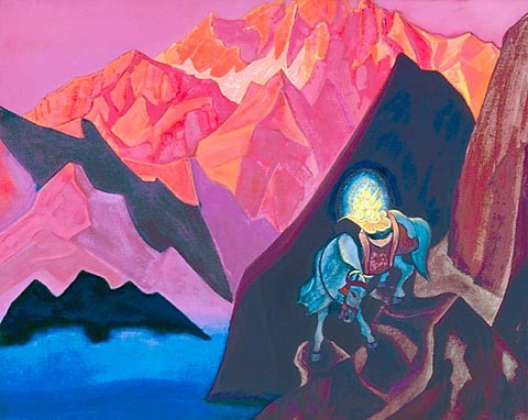 A depiction of the Cintamani being carried by the Lung Ta (Wind Horse) by Nicholas Roerich