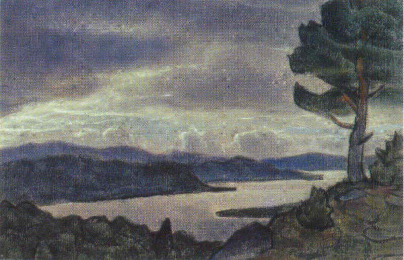 Landscape with lake and tree on the shore by Nicholas Roerich