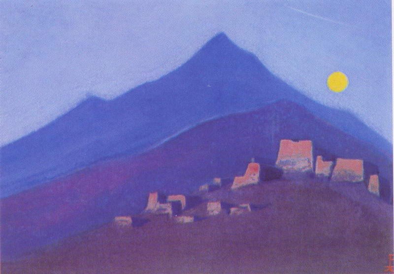 Moon over monastery in mountains by Nicholas Roerich