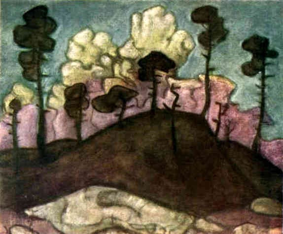 Pine trees with cloudy background by Nicholas Roerich