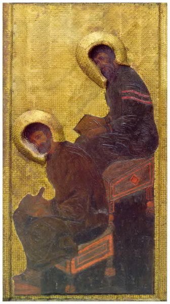 The King's Gate with the gate canopy. Evangelists. by Nicholas Roerich