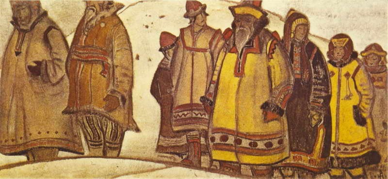 The scene with eight figures in costumes by Nicholas Roerich