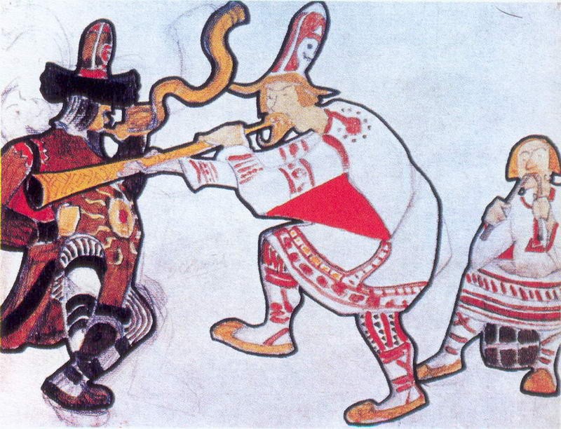 The scene with three figures in costumes by Nicholas Roerich