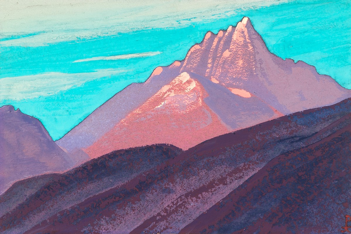 Turquoise sky, pink mountains, purple foot by Nicholas Roerich
