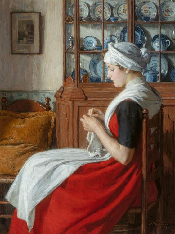 An Amsterdam Orphan Girl Knitting in an Interior by Nicolaas van der Waay