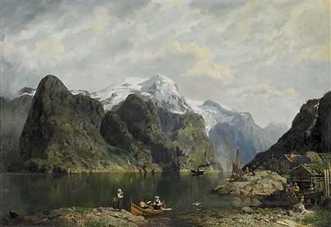 Fiord and figures with boats by Niels Bjornson Moller