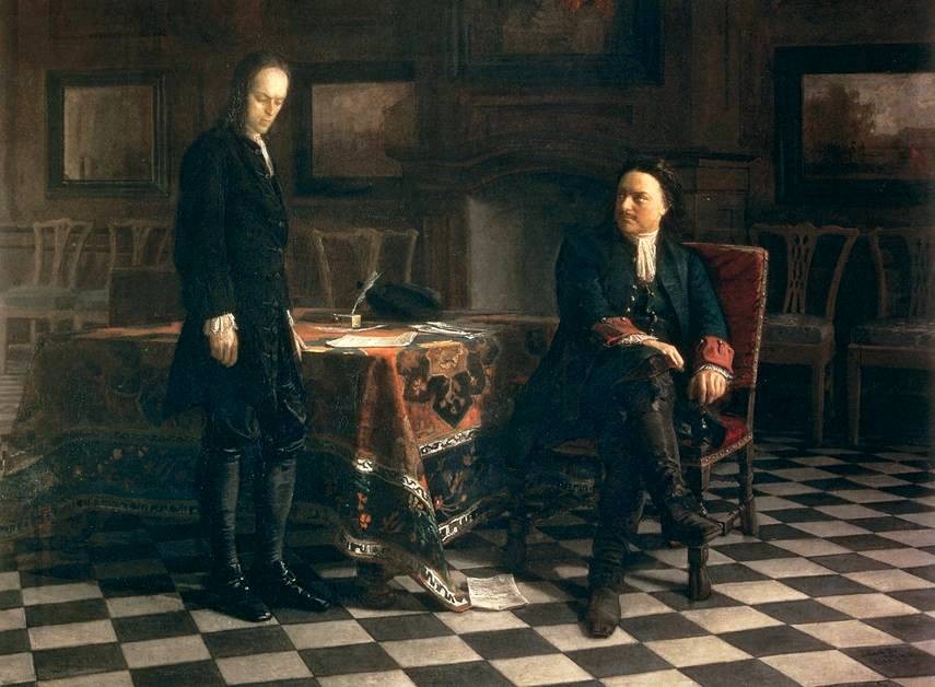 Peter the Great Interrogating the Tsarevich Alexei Petrovich at Peterhof by Nikolai Ge