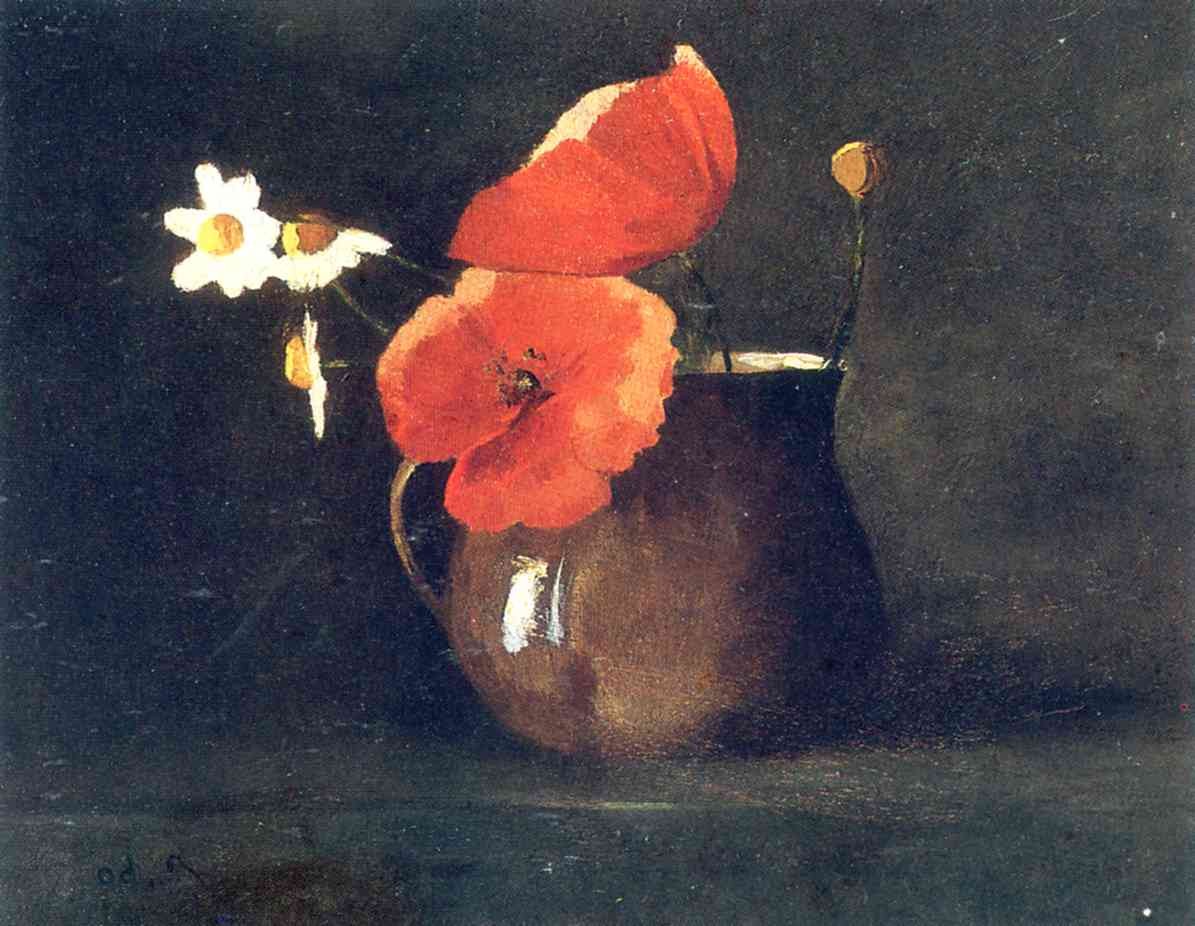 Flowers in green vase by Odilon Redon
