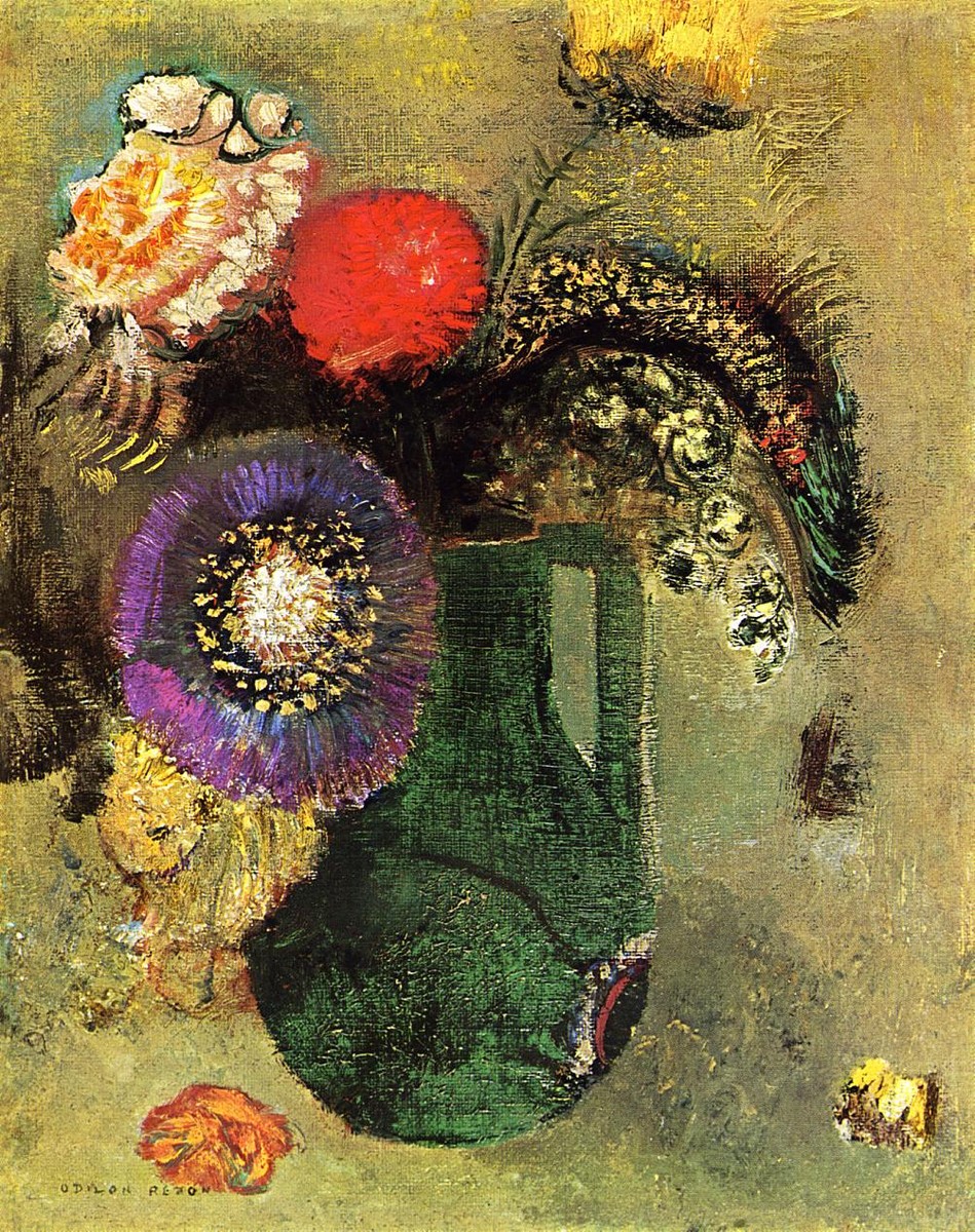 Flowers in Green Vase with Handles by Odilon Redon