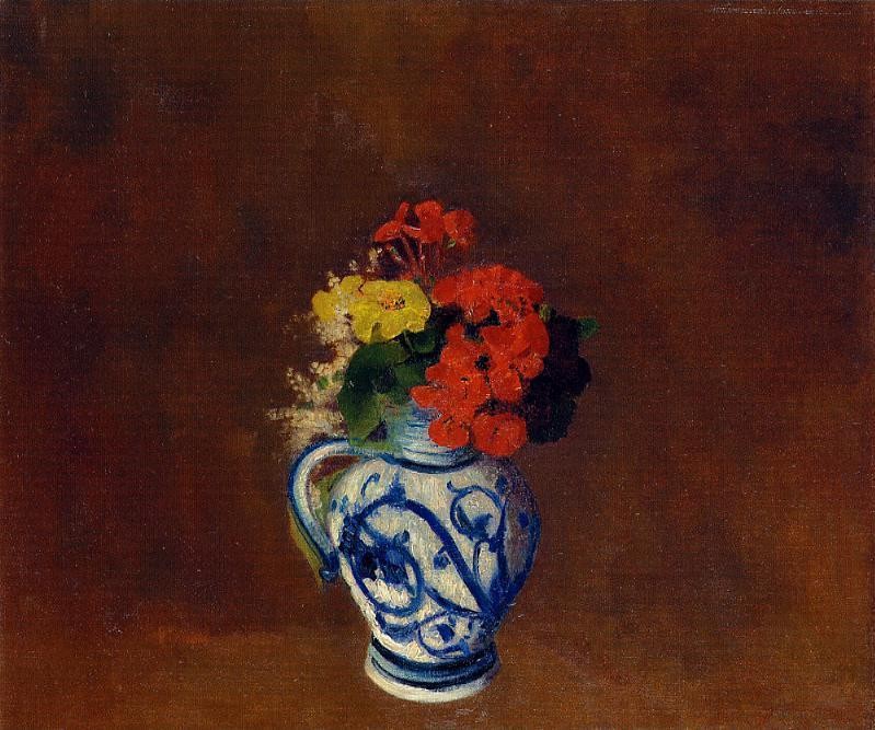 Geraniums and other Flowers in a Stoneware Vase by Odilon Redon