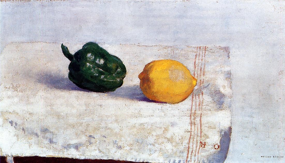 Pepper and Lemon on a White Tablecloth by Odilon Redon