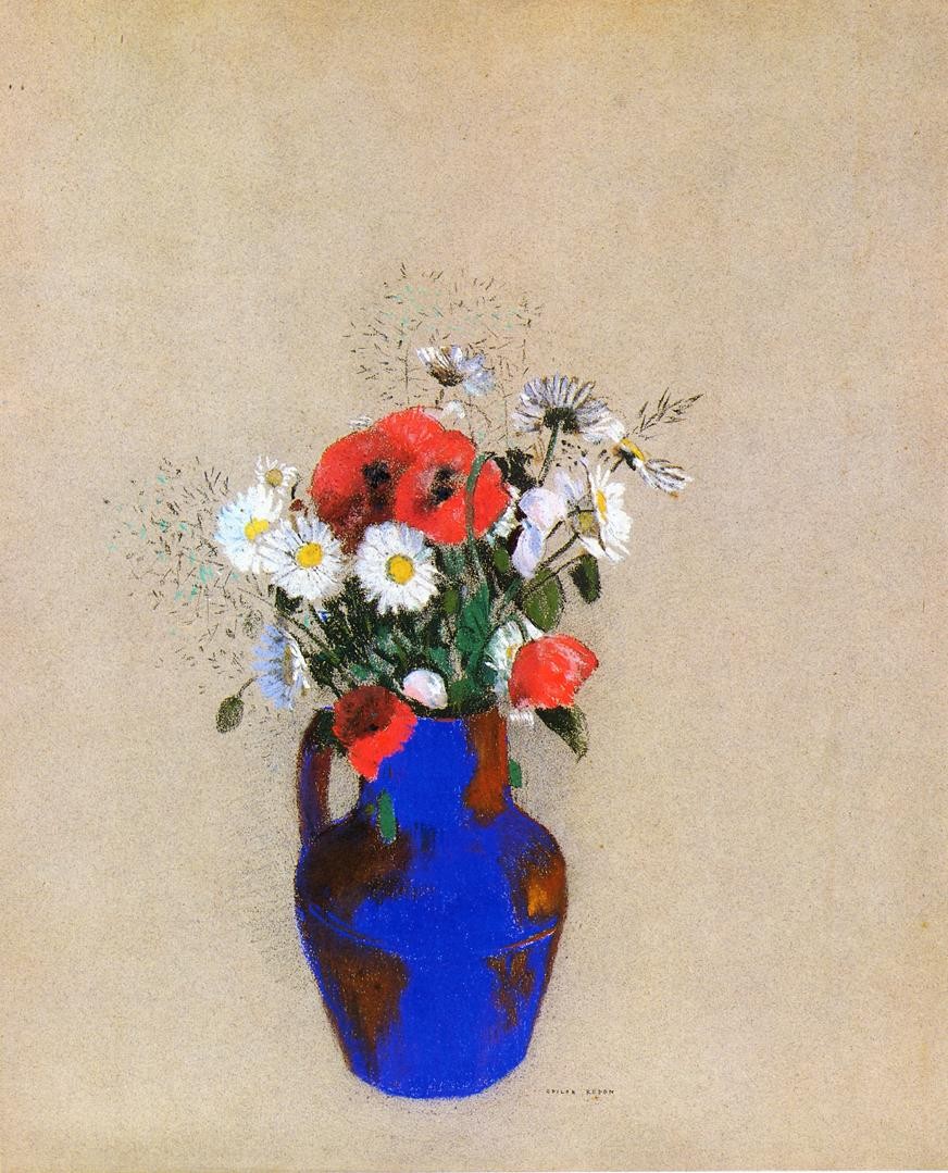 Poppies and Daisies in a Blue Vase by Odilon Redon