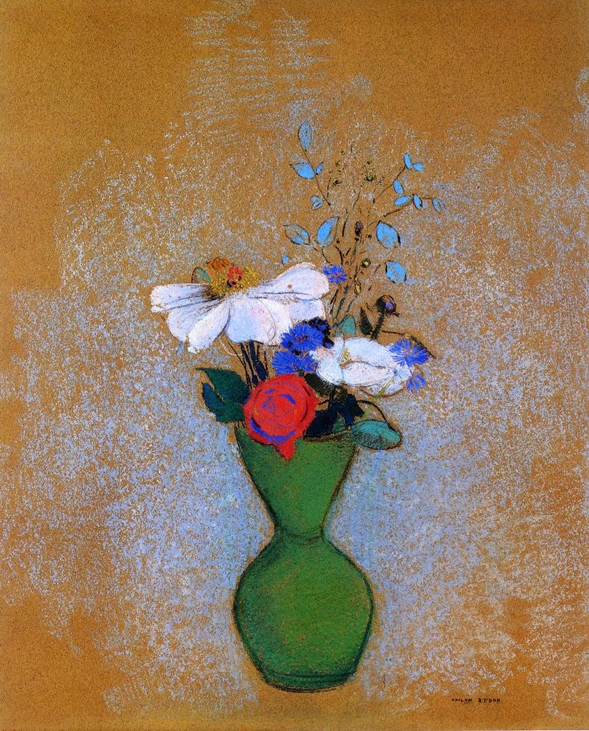 Rose, Peony and Cornflowers in a Green Vase by Odilon Redon
