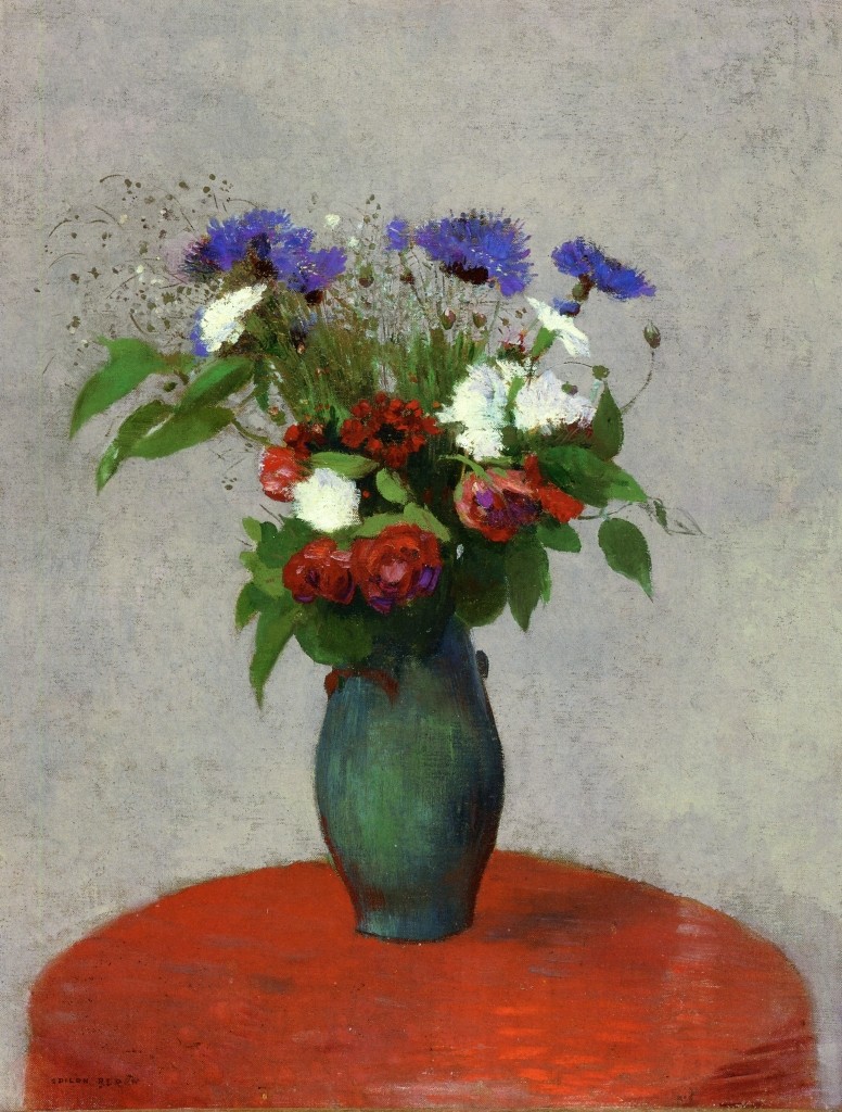 Vase of Flowers on a Red Tablecloth by Odilon Redon