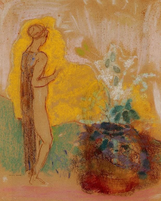Woman and Stone Pot Full of Flowers by Odilon Redon