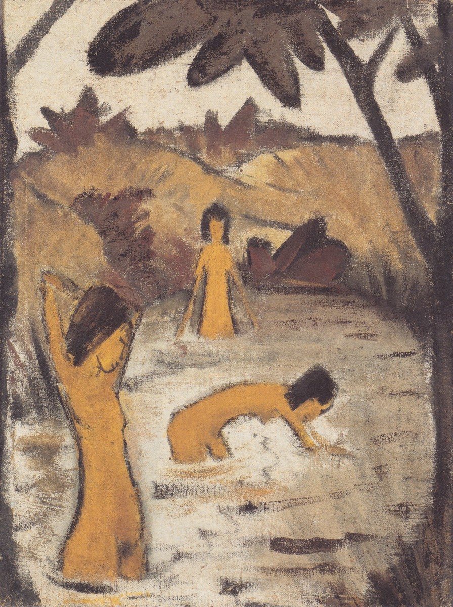 Drei Badende Im Teich by Otto Mueller