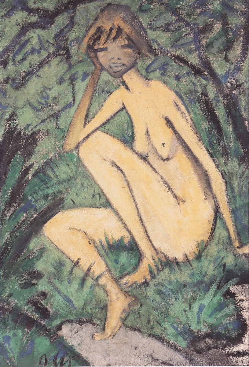 Sitzender Akt in Landschaft by Otto Mueller