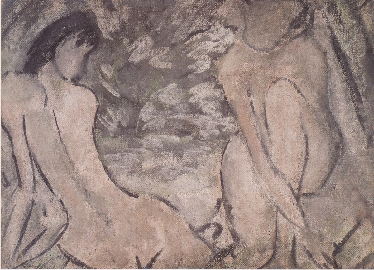 Zwei Am Teichrand Sitzende Mädchenakte by Otto Mueller