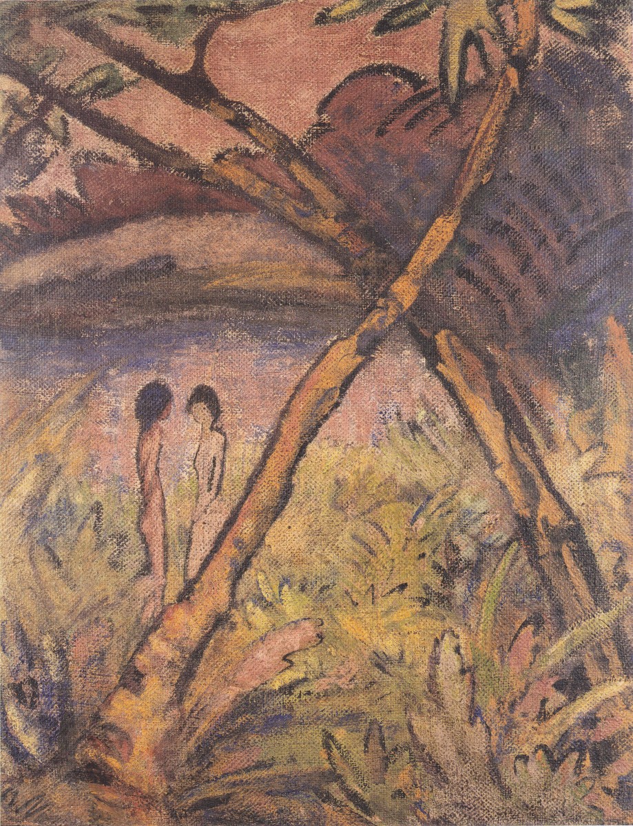Zwei Mädchenakte Und Gekreuzte Stämme Am Waldteich by Otto Mueller