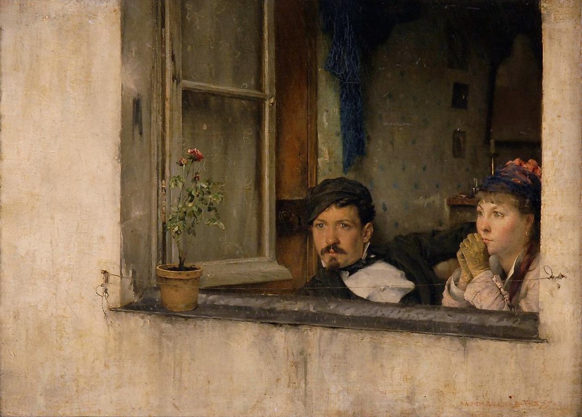 A young man and woman gaze out a window by Pascal Dagnan-Bouveret