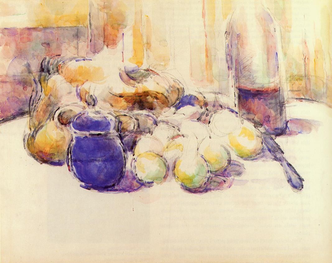 Blue Pot and Bottle of Wine by Paul Cezanne