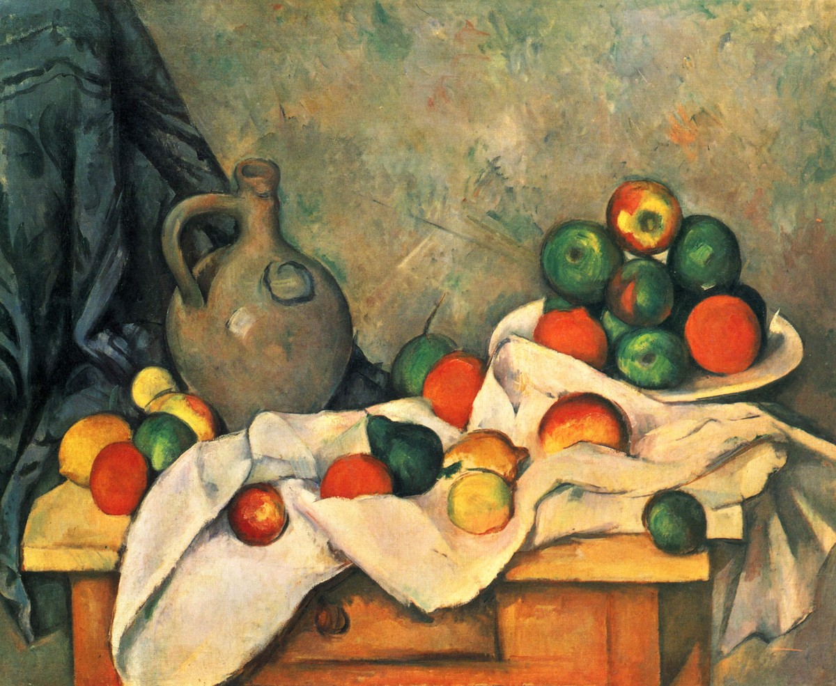 Curtain, Jug and Fruit by Paul Cezanne