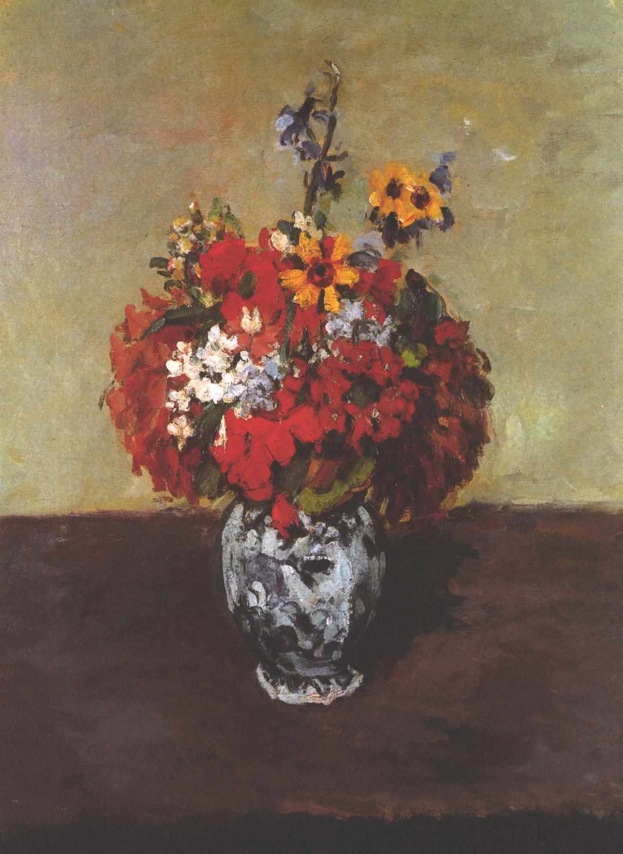 Dahlias In A Delft Vase by Paul Cezanne
