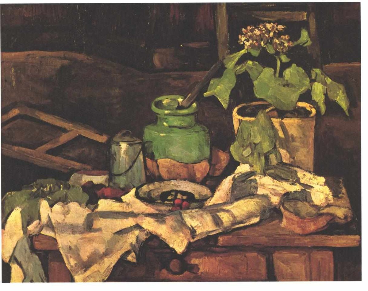 Flower pot at a table by Paul Cezanne