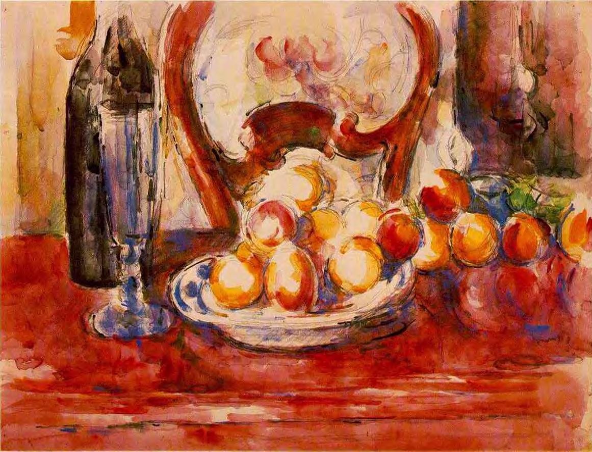 Still Life Apples, a Bottle and Chairback by Paul Cezanne