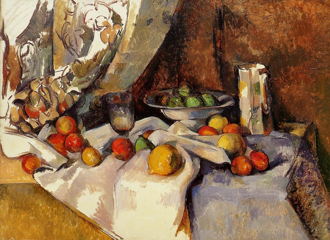 Still Life Post, Bottle, Cup and Fruit by Paul Cezanne
