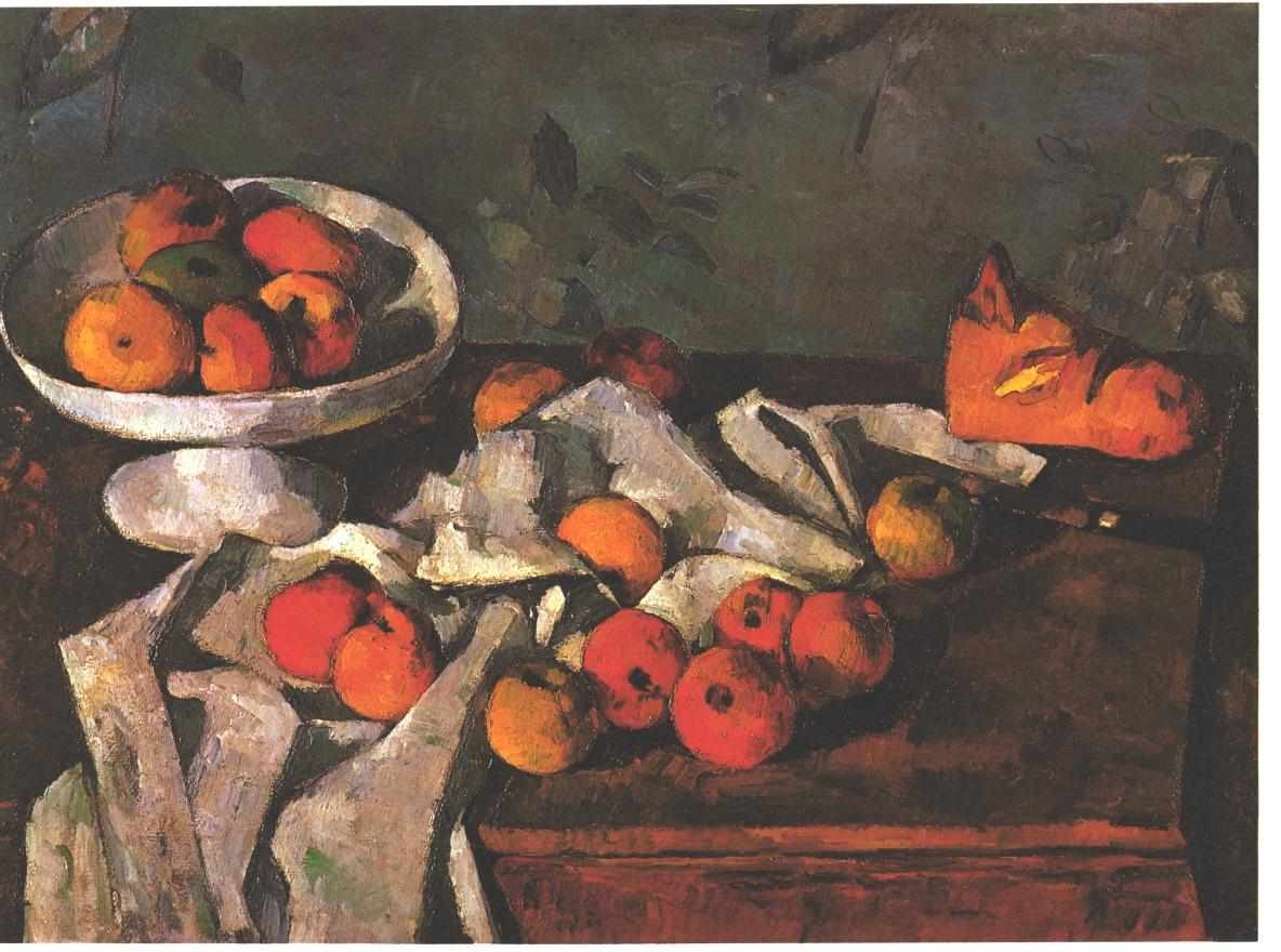 Still life with a fruit dish and apples by Paul Cezanne