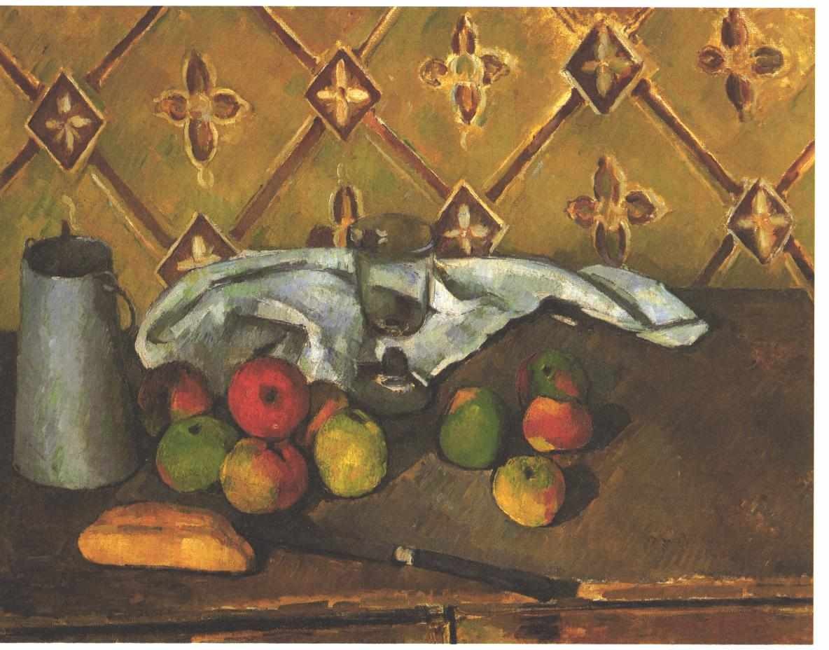 Still life with apples, servettes and a milkcan by Paul Cezanne