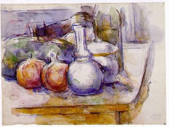 Still Life with Carafe, Sugar Bowl, Bottle, Pommegranates and Watermelon by Paul Cezanne