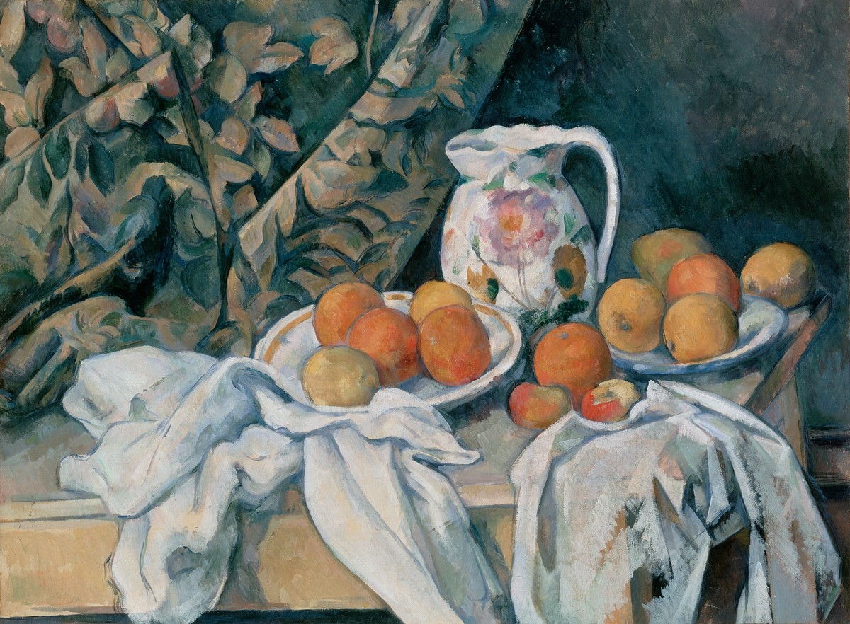 Still Life with Curtain and Flowered Pitcher by Paul Cezanne