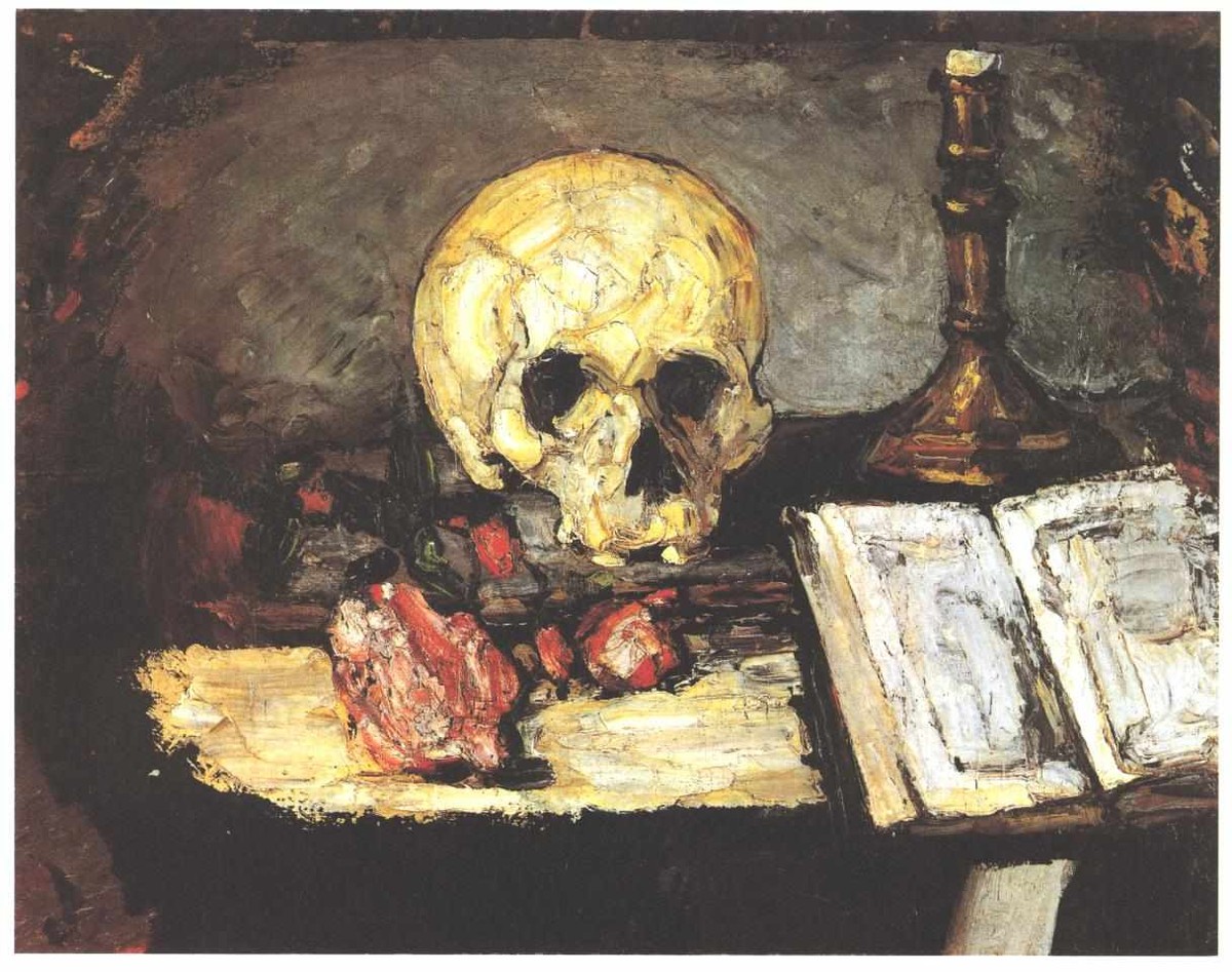Still life with skull, candle and book by Paul Cezanne