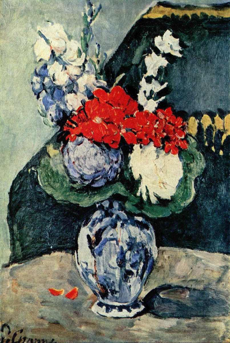 Still life, Delft vase with flowers by Paul Cezanne