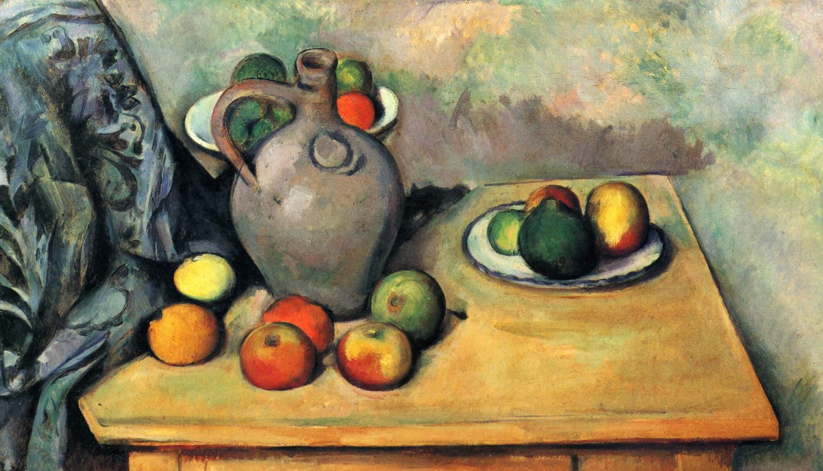 Still life, jug and fruit on a table by Paul Cezanne