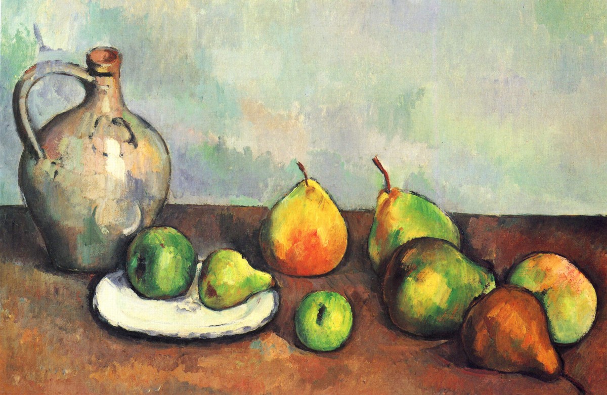 Still life, pitcher and fruit by Paul Cezanne
