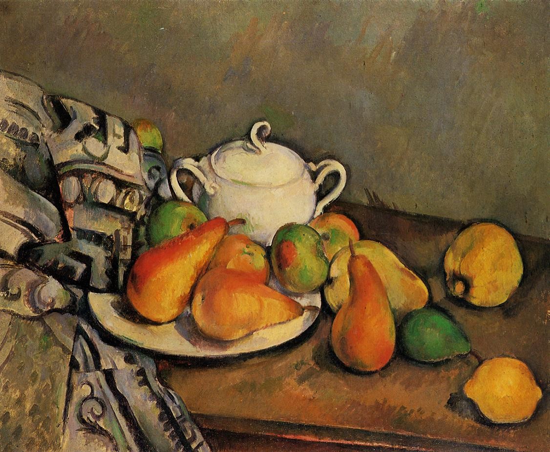 Sugarbowl, Pears and Tablecloth by Paul Cezanne